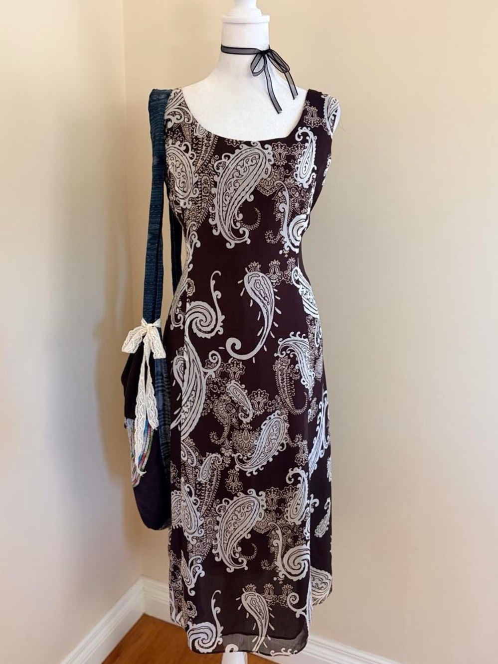 Vintage Y2K brown paisley fairy whimsygoth sheer chiffon midi dress floral L